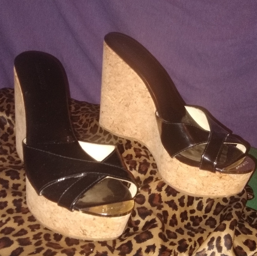 Jimmy Choo  black patent 5 inch wedge heel sandal
